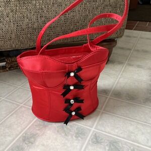 Vintage Red Corset Purse Red hat Society queen label Black Bow Embellished